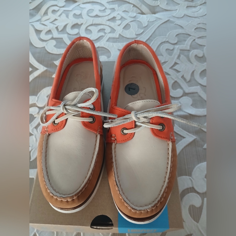 Boy's Boat Shoes in Cream and Orange